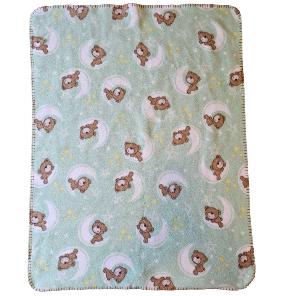Baby Connection Fleece Blanket Green Teddy Bears Moon Stars Bedtime 30x38